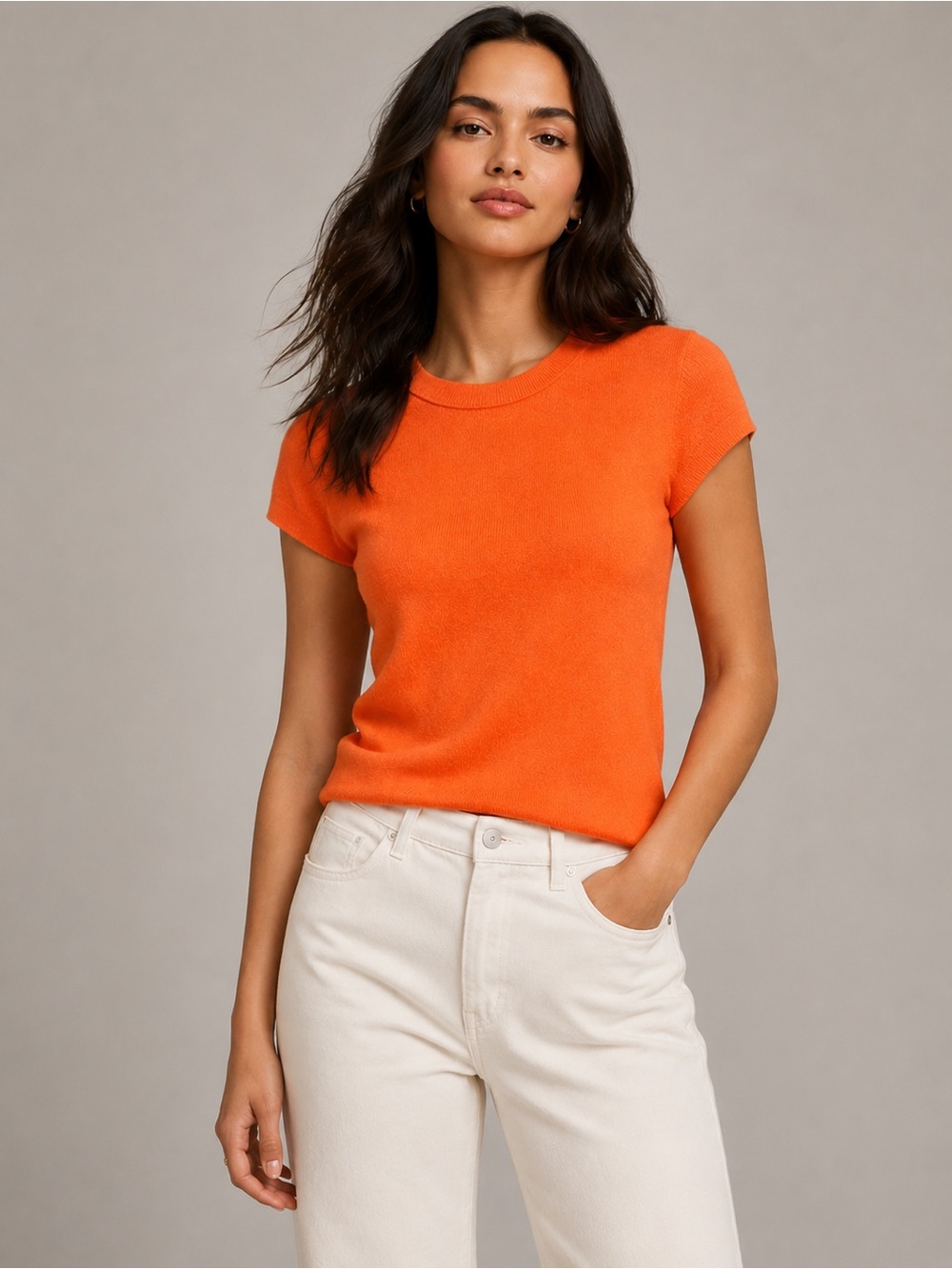 J.Crew 100% Cashmere Sweater Tee Orange Short Sleeve Crewneck Small